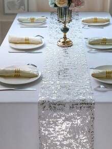 1PC Sequin Metallic Foil Mesh Table Runner, Sparkly Thin Net Table Runner For Party, Anniversary, Birthday, Wedding, Banquet, Festival, New Year & Home Table Decor (Available In Multiple Sizes) - silver - View 1