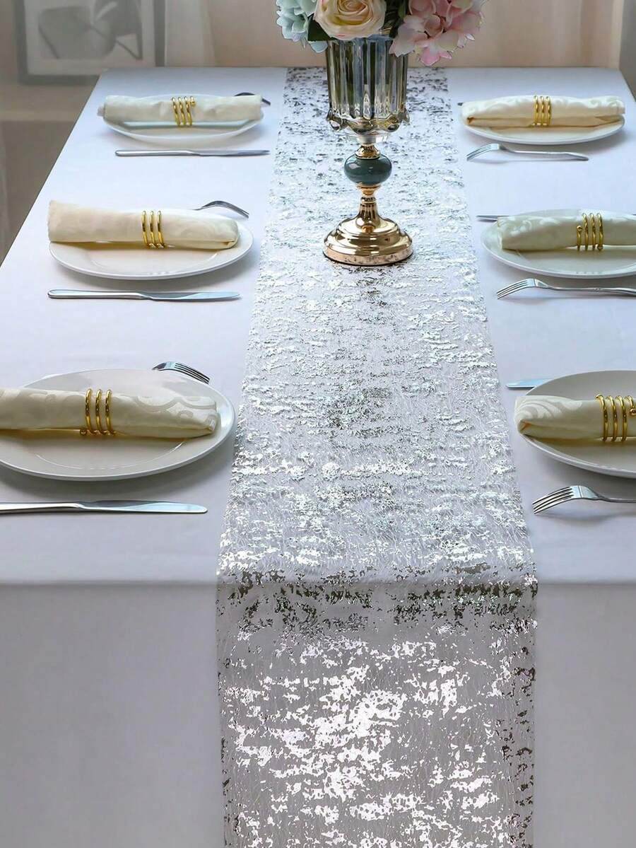 1PC Sequin Metallic Foil Mesh Table Runner, Sparkly Thin Net Table Runner For Party, Anniversary, Birthday, Wedding, Banquet, Festival, New Year & Home Table Decor (Available In Multiple Sizes) - silver - View 1