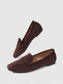 Sleekvia Sepatu flat wanita model baru, bahan suede imitasi, ujung persegi, desain tali, sederhana dan modis, kasual dan serbaguna. - Beludru Kopi - View 3