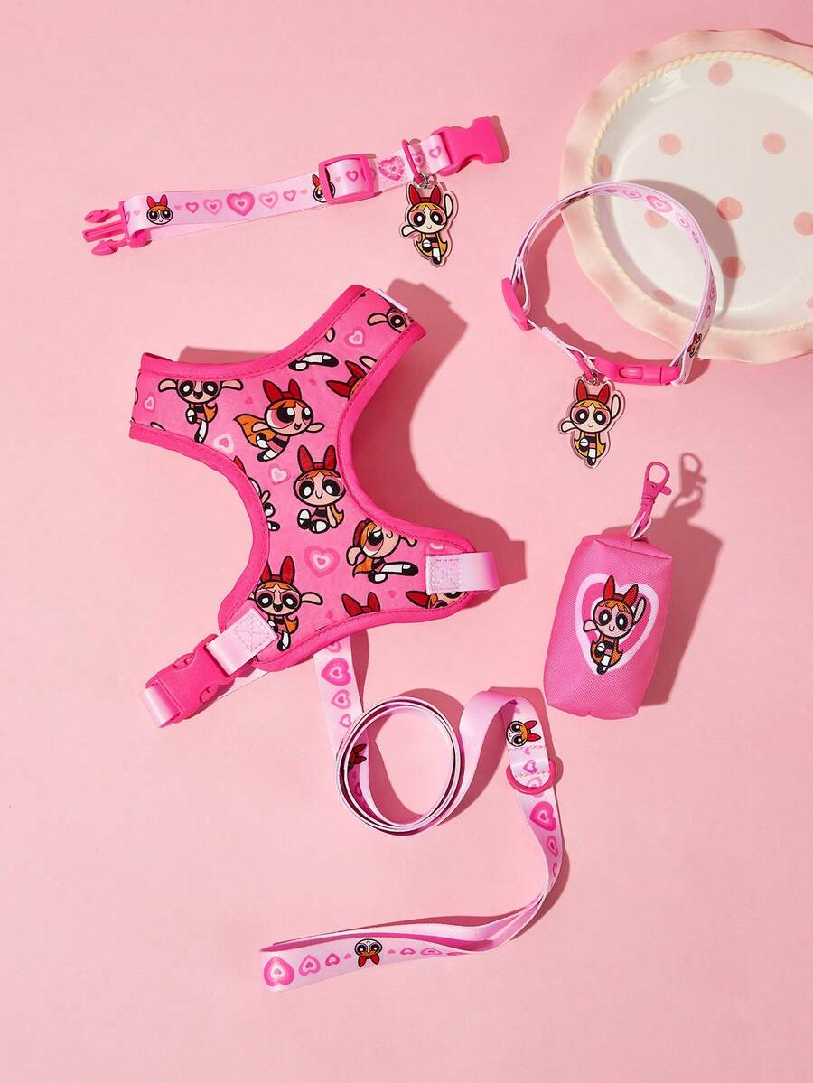 THE POWERPUFF GIRLS X SHEIN 通用卡通角色印花寵物遛狗4合1套裝,印花背心式胸背帶附牽繩、項圈與排泄物收納袋,適用狗與貓的戶外散步裝備,多尺寸可選 - 粉色 - 查看 1