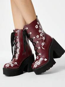 ROMWE Fairycore Sepatu Bot Wanita Bersol Tebal, Hak Tebal, Hak Sedang, Gaya Punk, Gaya Gotik, Gaya Jalanan, Bordir, Bermotif Benang, Tali Pengikat, Resleting Samping, Sol Tebal - Burgundy - View 3