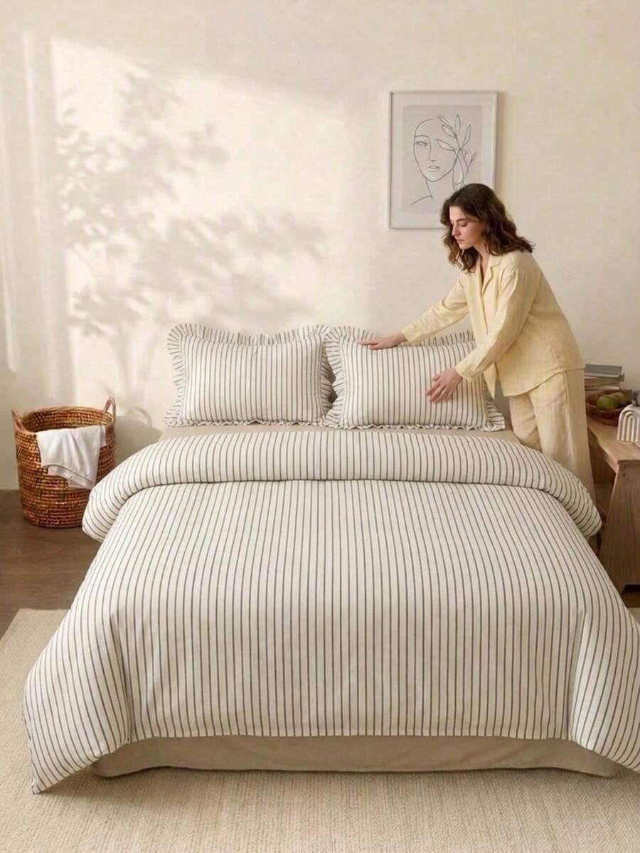 Cirelle 3pcs Cotton Striped Duvet Cover Set, French Vintage Striped Bedding Set With Ruffle Pillow Shams, Soft Breathable Comforter Cover (Duvet Cover No Ruffles, No Insert) - Broad white lotus leaf edge - View 1