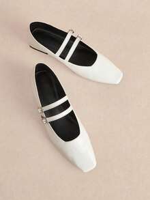 Rosivie French Small Square Toe Simple White Mary Jane Commuter Versatile Word With Thick Heel Women's Shoes Fall Shoes - White - View 3