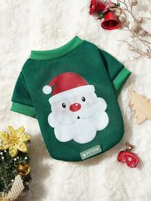 PETSIN 1pc Pet Santa Claus Cute Print Green Dog Crew Neck Fleece Warm Sweatshirt - Multicolor - View 2