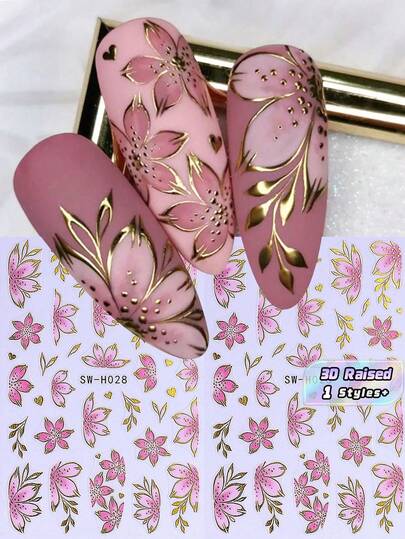 1PC Pink Floral Nail Art Stickers, Luxury Gold Foil Flower Plant Nail Decals, 3D Self-Adhesive Slider, Women Nail Art Supplies, Spring/Summer Nails