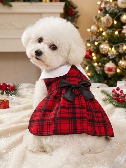 PETSIN 1pc Christmas Red & Black Plaid Pet Dress, Elegant French Style Clothes