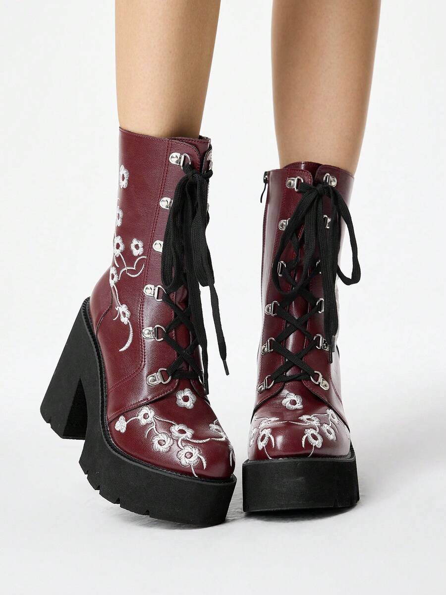 ROMWE Fairycore Sepatu Bot Wanita Bersol Tebal, Hak Tebal, Hak Sedang, Gaya Punk, Gaya Gotik, Gaya Jalanan, Bordir, Bermotif Benang, Tali Pengikat, Resleting Samping, Sol Tebal - Burgundy - View 1