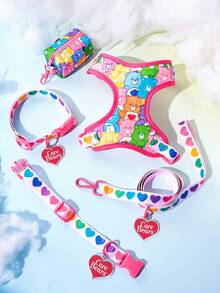 SHEIN X Care Bears Cartoon Bear & Heart Printed Pet Harness Leash 4Pcs Set, Adjustable Vest Harness, Leash, Collar & Poop Bag Pouch, Walking Gear For Dogs & Cats, Multiple Sizes Available - Multicolor - View 1