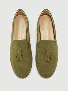 CUCCOO BIZCHIC Giày đi làm hàng ngày đa năng đế bằng không mỏi chân, da lộn nhám màu xanh matcha, dáng slouchy đính tua rua - Màu xanh Ô liu - Xem 1