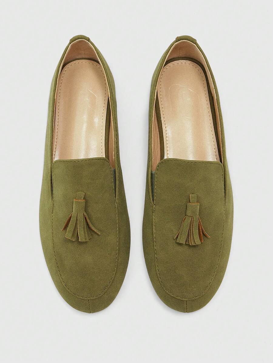 CUCCOO BIZCHIC Giày đi làm hàng ngày đa năng đế bằng không mỏi chân, da lộn nhám màu xanh matcha, dáng slouchy đính tua rua - Màu xanh Ô liu - Xem 1