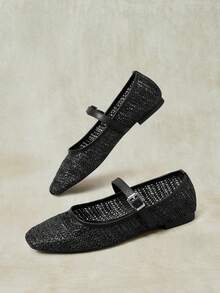 Styleloop Black Woven Mary Jane Shoes Women's Flat Bottom Breathable Hollow Buckle Belt Retro Shoes Fall Shoes - Black - View 6