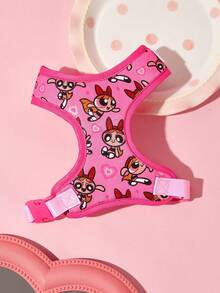 THE POWERPUFF GIRLS X SHEIN 通用卡通角色印花寵物遛狗4合1套裝，印花背心式胸背帶附牽繩、項圈與排泄物收納袋，適用狗與貓的戶外散步裝備，多尺寸可選 - 粉色 - 查看 3