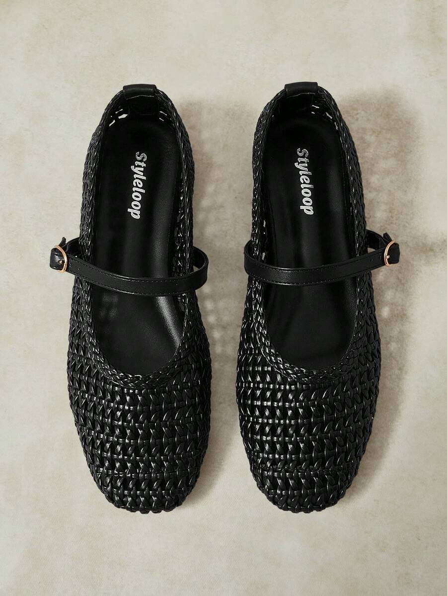Styleloop Women's Fashion Square Toe Hollow Knitting Suitable For Daily Leisure Commuting Buckle Flat Shoes - Black - View 1