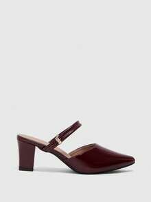 CUCCOO BIZCHIC Double Thin Belt Metal Buckle Pointed Toe Wedge Heel Middle Heel Retro Glossy Burgundy Mules Commuter Wear Slippers Fall Shoes - Burgundy - View 5