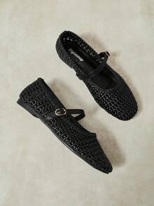 Styleloop Women's Fashion Square Toe Hollow Knitting Suitable For Daily Leisure Commuting Buckle Flat Shoes - Black - View 4