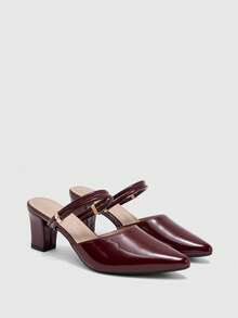 CUCCOO BIZCHIC Double Thin Belt Metal Buckle Pointed Toe Wedge Heel Middle Heel Retro Glossy Burgundy Mules Commuter Wear Slippers Fall Shoes - Burgundy - View 1