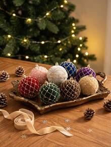 9Pcs 8cm Velvet Shatterproof Ornament Set Gold Bead Floral Pattern Christmas Tree Hanging Decorations For Holiday Party Home Winter Festival Xmas Decor. - multicolor - View 6