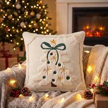 Cirelle 1pc/2pcs Christmas Decorative Pillow Cover, Cream White Textured Throw Pillow Case With Embroidered Christmas Tree, Cozy Festive Cushion Cover For Sofa Bed Holiday Home Decor - Beige - View 10