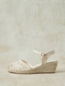 Styleloop 春夏休閒麻繩底杏色蕾絲網眼踝帶女款斜跟厚底涼鞋，適合日常通勤、簡單度假旅行、田園風 - 杏色 - 查看 2