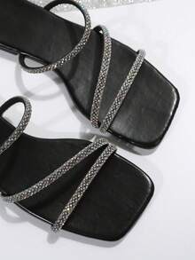 Eladyva Women's Flat-Soled Sandals Square Toe Diamond With Black Sandals, Exquisite Holiday Street Models - Black - View 3