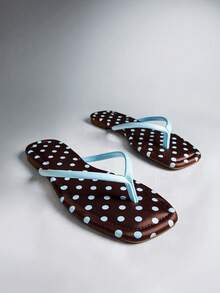 SHEIN Solezae Women Comfortable Polka Dot Print Classic Thong Flat Sandals - brown and blue - View 8