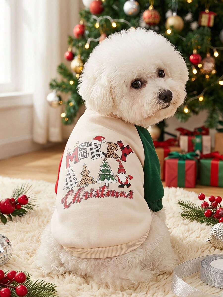 PETSIN 1pc Christmas Red & Green Contrast Color Cute Pet Sweatshirt - Multicolor - View 1