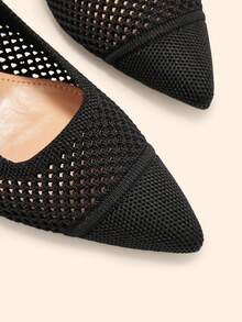 CUCCOO BASICS Flying Woven Mesh Hollow Breathable Pointed Thin Heel Versatile Simple Commute Empty High Heels - Black - View 5