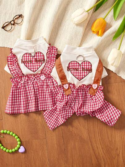PETSIN 1pc Red And White Checkered Pet Couple Outfit, Love Bug Embroidery Cat And Dog Clothing, Small Dog Couple Photo Dating Sweet Outfit, Travel, Birthday Parties, Paired Pet Gift Giving