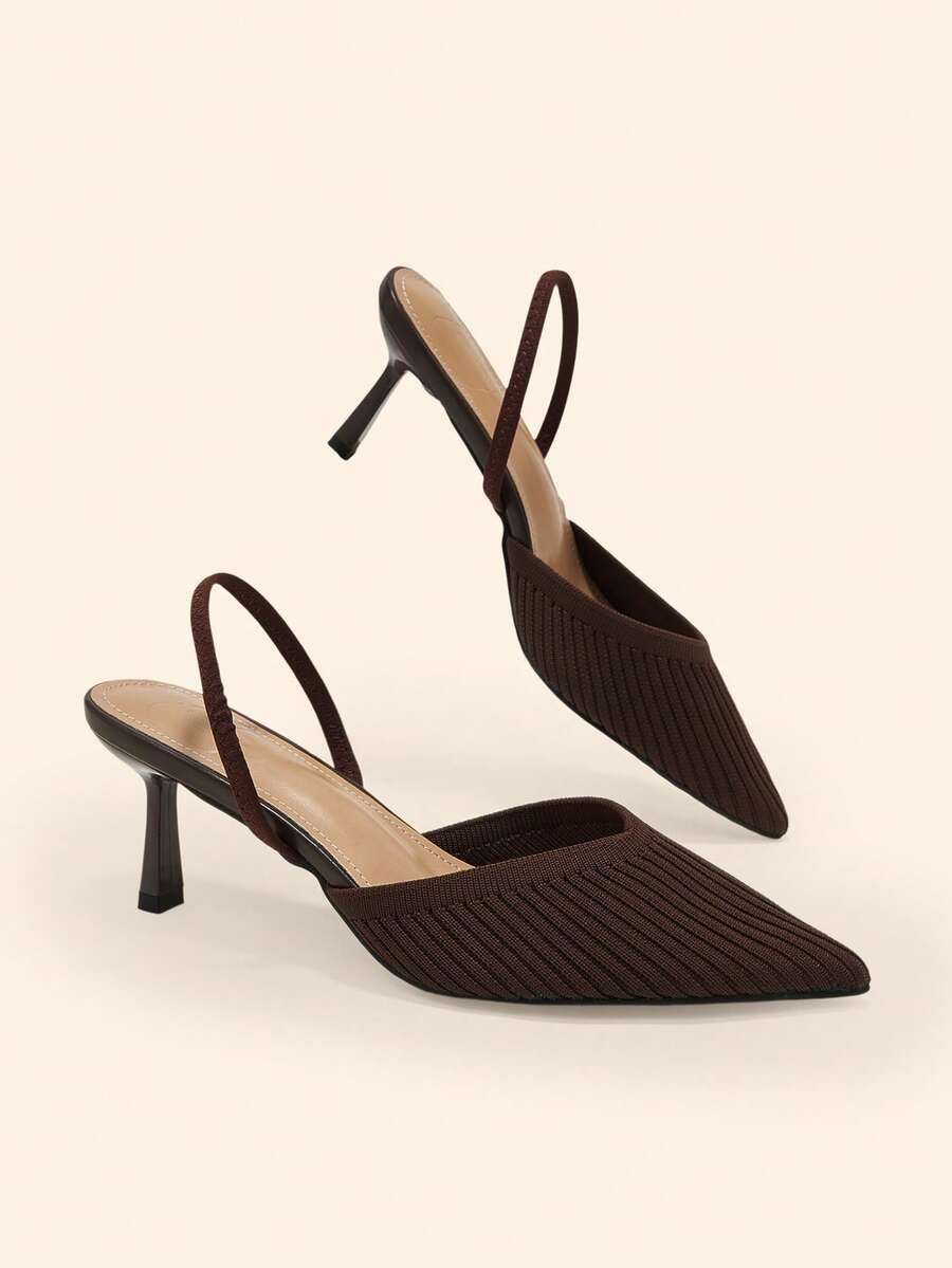 CUCCOO BASICS Women's Pointed Toe Coffee Brown Knitted V-Neck Elastic Band Backless High Heel Pumps, Elegant Breathable Daily Commute Shoes - dark coffee - View 1