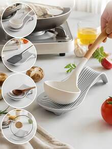 Haus Hana 1Pc/2Pcs Curved Spoon Rest Pad, Soft Thick Silicone Material, Striped Embossed Surface Texture, Heat-Resistant Anti-Slip Design With Liquid Drainage, Keeps Kitchen Counter Tidy, Placed Beside Stoves, For Home Cooks Daily Cooking And Food Prep Use - Multicolor - View 10