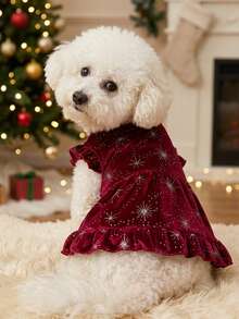 PETSIN 1pc Luxury Pet Velvet Snowflake & Star Print Dress, Christmas Outfit - Multicolor - View 2