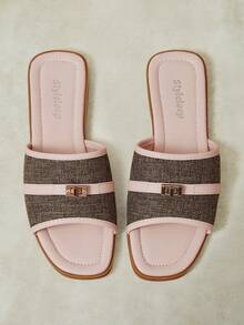 Styleloop Color Matching Square Toe Sandals Women's Summer Wear Flat Bottom Linen Breathable Slouchy Word Drag Holiday Sandals - Dusty Pink - View 1