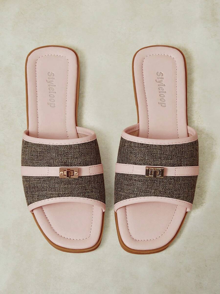 Styleloop Color Matching Square Toe Sandals Women's Summer Wear Flat Bottom Linen Breathable Slouchy Word Drag Holiday Sandals - Dusty Pink - View 1