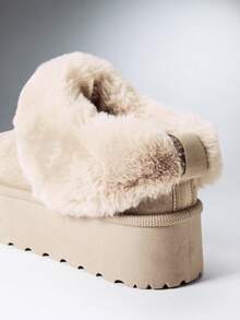 SHEIN Solezae 女款厚底雪地靴 冬季保暖毛絨飾邊一腳蹬短靴 - 淺駝色 - 查看 10