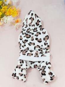 Pet Dog Cat Hooded Four Leg Jumpsuit, White Leopard Print Plush Puppy Outfit, Warm Winter Clothes For Small Pets XS-XL - Light leopard print - View 14