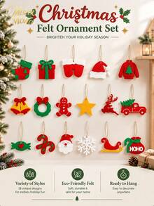 Muroi Mono A Set Of 18 Felt Christmas Tree Ornaments, Featuring Gift Box, Bell And Candy Cane Designs, In An American Vintage Holiday Style, For Christmas Tree Decoration And Holiday Scene Arrangement - Multicolor - View 4