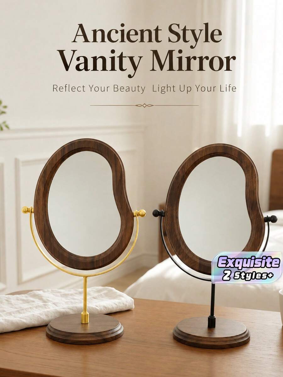 1Pc Asymmetrical Wavy Wooden Tabletop Makeup Mirror, Dark Brown Frame 360° Rotatable Desk Vanity Mirror, Gold/Black Metal Bracket Desktop Cosmetic Mirror For Bedroom Dresser Decor - Multicolor - View 1