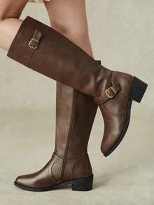 Styleloop Women's Mid Boots, Slip-On Knight Boots, Flat Street Motorcycle Boots, Low-Heeled Bohemian Boots Fall Boots - Brown - View 7