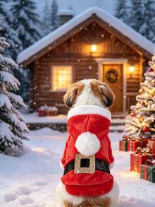 1Pc Pet Christmas Hooded Costume, Gingerbread Man & Santa Claus Design, Soft Plush Dog Cat Outfit For Small Pets Xmas Party Dress‑Up - Santa Claus - View 7