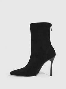 CUCCOO SZL Black Suede Back Zipper Pleated Pointed Stiletto Boots, Gentle Commute - Black - View 4