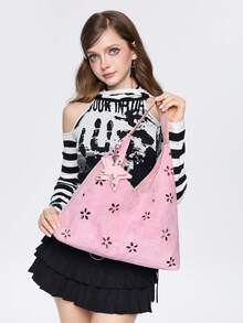 ROMWE Ladies Shoulder Bag, Y2K Sweet And Cool Spice Girl Star Hardware, Hollow Flower Pattern Design Hobo Bag, Suitable For Daily Commuting, Shopping Fashio - Pink - View 8