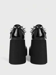 Sugerpunk Women Shoes Fashion Wedge Heel Platform Shoes, Punk Style Gothic Dark Heel Spike Inlay, Buckle Spike Inlay, Night Club Party Sexy Holiday Commute Easy - bright black - View 8