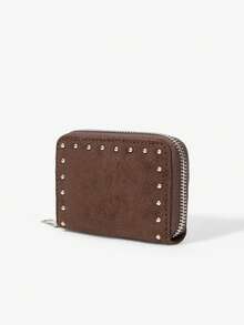 Viva Strut 1pc Ladies Fashion Personality Punk Y2K Street Vintage Deep Coffee Suede Rivet Short Wallet, Change Bag, Portable Wallet,  For Daily Travel - Coffee - View 2