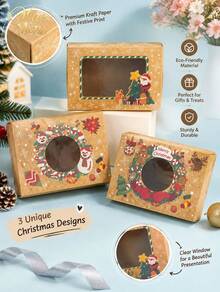 Muroi Mono A Set Of 3 Christmas Window Boxes, Kraft Paper With Transparent Window Design, Warm Retro Christmas Style, For Cookie Baking Packaging And Holiday Gift Storage. - View 11