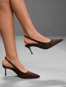 CUCCOO SZL Burgundy Dark Leopard Print Elastic Back Empty Stilettos, Women's Pointed Autumn Retro High Heels, Slingbacks - Brown - View 1