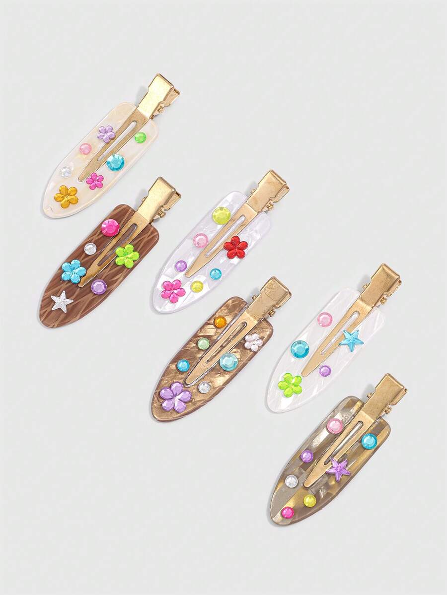 ROMWE Kawaii 6PCS Fashion Coffee DIY Rhinestone Hair Clips, Cute Flower & Star Sticker Decor Barrettes - coffee color - View 1