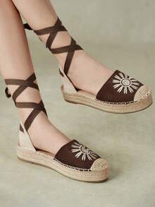 Styleloop Women's Shoes Flat Bottom Round Toe Embroidered Strap Leaky Heel Strap Beach Vacation Style Shoes Fall Shoes - Brown - View 7