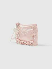 ROMWE Kawaii 1pc Multi-Compartment Unique Design Embroidered Bow 8. Faux Pearl Decor Lace Edged 2ipper Pink Makeup Bag, Sanitary Pad, Coin Purse,Can Hold Tissues - Gift For Mother - Pink - View 6