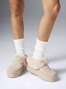 SHEIN Solezae 女款厚底雪地靴 冬季保暖毛絨飾邊一腳蹬短靴 - 淺駝色 - 查看 3