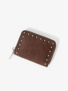 Viva Strut 1pc Ladies Fashion Personality Punk Y2K Street Vintage Deep Coffee Suede Rivet Short Wallet, Change Bag, Portable Wallet,  For Daily Travel - Coffee - View 4
